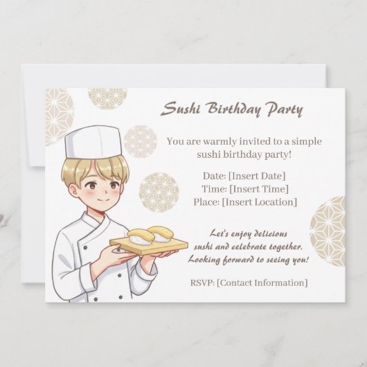 Sushi Birthday Party Invitation with Cute Anime  Einladung (Vorderseite)