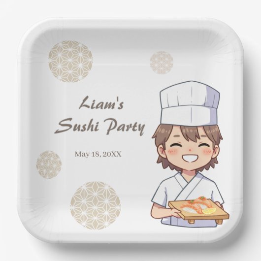 Sushi Birthday Party Invitation with Cute Anime  Pappteller (Vorderseite)