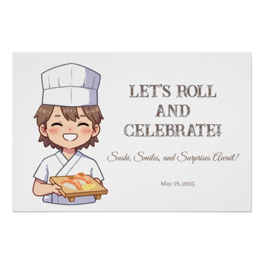 Sushi Birthday Party Invitation with Cute Anime Poster (Vorderseite)