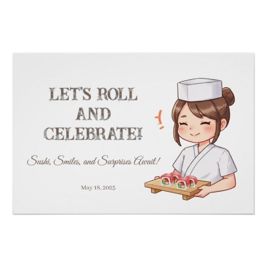Sushi Birthday Party Invitation with Cute Anime  Poster (Vorderseite)