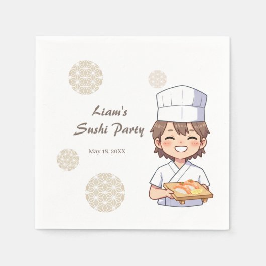 Sushi Birthday Party Invitation with Cute Anime Serviette (Vorderseite)