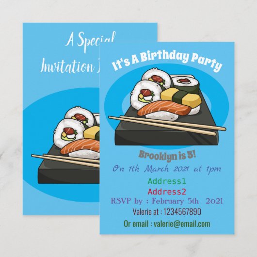 Sushi-Cartoon-Abbildung Einladung (Vorne/Hinten)