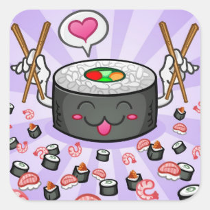 Sushi Cartoon Character Eating Lot of Shrimp Quadratischer Aufkleber