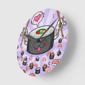 Sushi Cartoon Character Eating Lot of Shrimp Runde Wanduhr (Winkel)