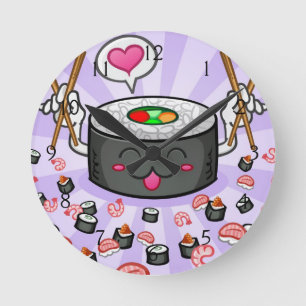 Sushi Cartoon Character Eating Lot of Shrimp Runde Wanduhr