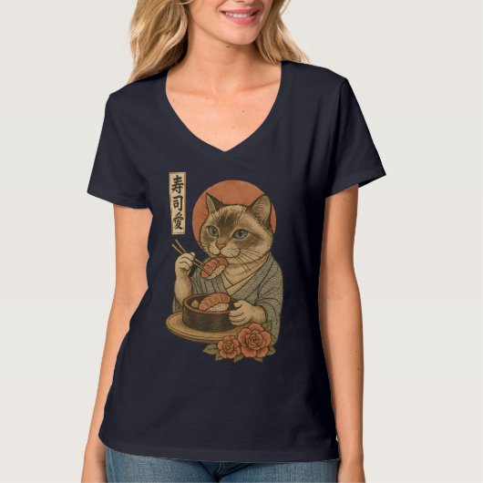 Sushi Cat – Elegant Japanese Style Cat Eating Sush T-Shirt (Vorderseite)