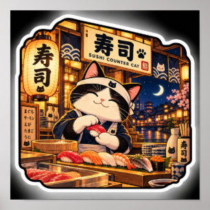 Sushi Counter Cat Poster   Japanische Sushi-Bar-Ku