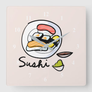 Sushi cute kawaii modern Japanese food art Quadratische Wanduhr