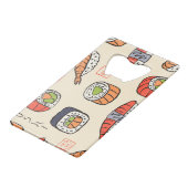 Sushi-Essen, nahtloses Muster-Design. Geldbeutel Flaschenöffner (Vorderseite Schrägansicht)