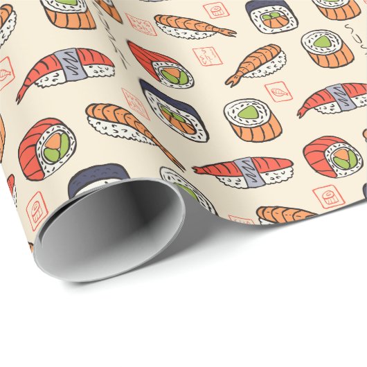 Sushi-Essen, nahtloses Muster-Design. Geschenkpapier (Rolleneckpunkt)