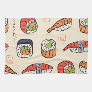 Sushi-Essen, nahtloses Muster-Design. Geschirrtuch