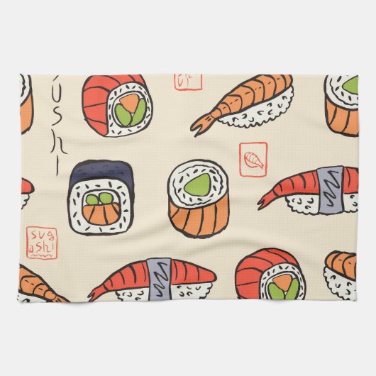 Sushi-Essen, nahtloses Muster-Design. Geschirrtuch (Horizontal)
