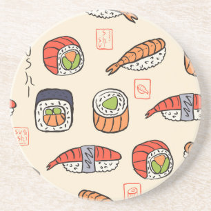 Sushi-Essen, nahtloses Muster-Design. Getränkeuntersetzer