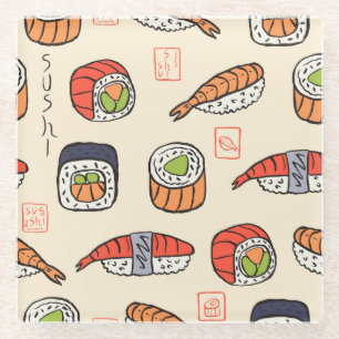 Sushi-Essen, nahtloses Muster-Design. Glasuntersetzer