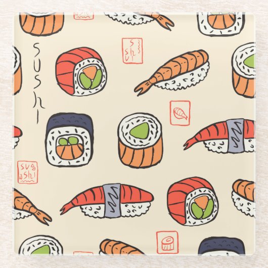 Sushi-Essen, nahtloses Muster-Design. Glasuntersetzer (Vorderseite)