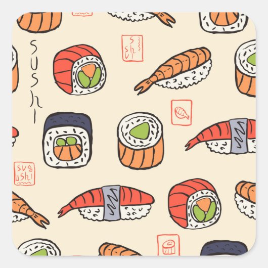 Sushi-Essen, nahtloses Muster-Design. Quadratischer Aufkleber (Vorderseite)