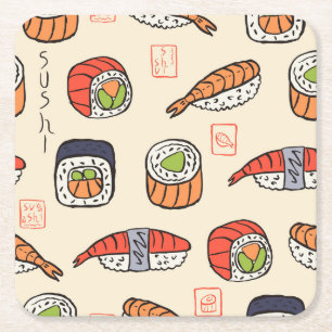 Sushi-Essen, nahtloses Muster-Design. Rechteckiger Pappuntersetzer