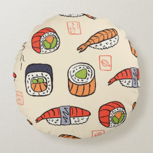 Sushi-Essen, nahtloses Muster-Design. Rundes Kissen