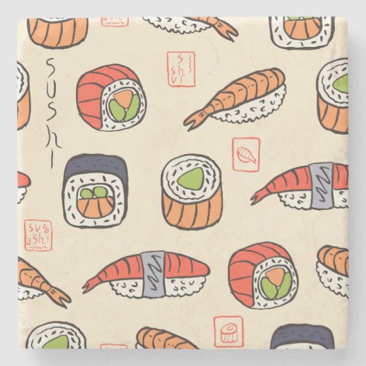 Sushi-Essen, nahtloses Muster-Design. Steinuntersetzer (Vorderseite)