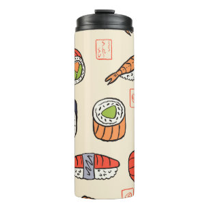 Sushi-Essen, nahtloses Muster-Design. Thermosbecher