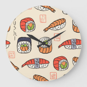 Sushi-Essen, nahtloses Musterdesign. Große Wanduhr
