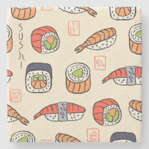 Sushi-Essen, nahtloses Musterdesign. Steinuntersetzer