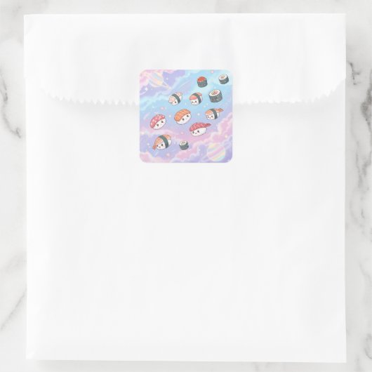 Sushi Flying in Pastel Galaxy Sky Quadratischer Aufkleber (Tasche)