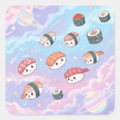 Sushi Flying in Pastel Galaxy Sky Quadratischer Aufkleber (Vorderseite)