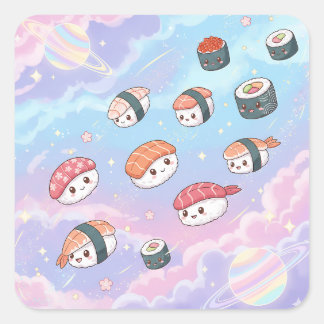Sushi Flying in Pastel Galaxy Sky Quadratischer Aufkleber
