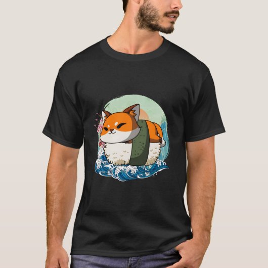 Sushi Fox Japanese Great Wave Kanagawa T-Shirt (Vorderseite)