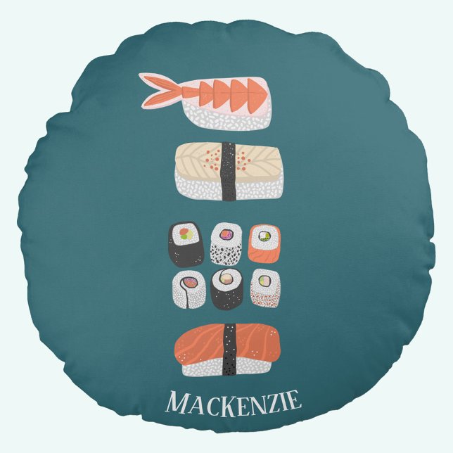 Sushi-Individuelle Name Rundes Kissen (Japanese sushi personalized teal green round pillow or cushion)