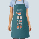 Sushi Individuelle Name Schürze<br><div class="desc">Niedliche japanische Sushi-Küche auf tiefgrünem Hintergrund. Ändern oder entfernen Sie den Namen zu personalisieren.</div>