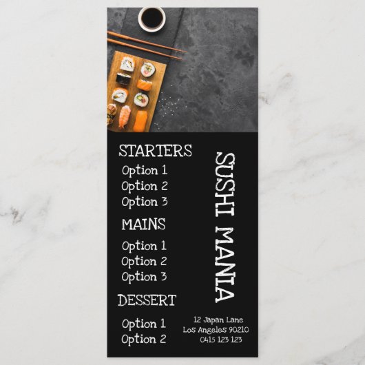 Sushi japanisches Restaurant mit stilvollem Abendm Menükarte (Vorderseite)