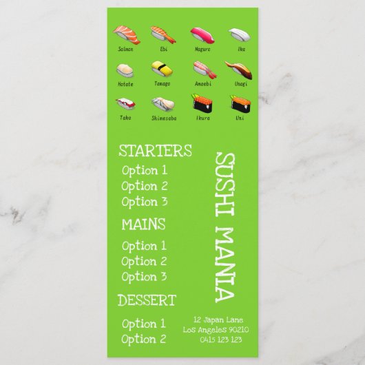 Sushi Japanisches Restaurant Wasabi Abendmenü Menükarte (Vorderseite)