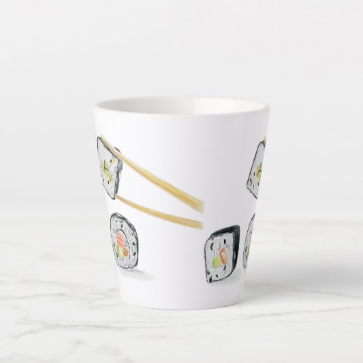 Sushi Lachsrollen mit Chopsticks Milchtasse (Vorderseite)