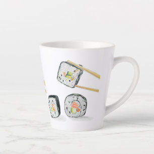 Sushi Lachsrollen mit Stäbchen Milchtasse