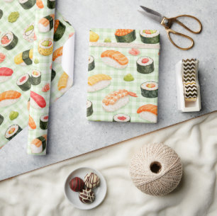 Sushi-Muster auf hellgrünem Raster Geschenkpapier