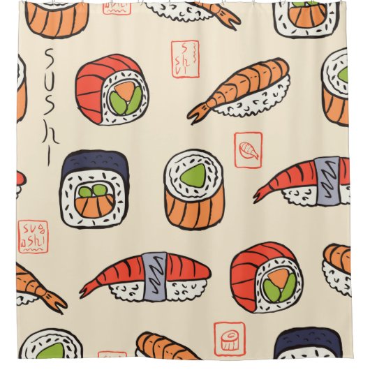 Sushi-nahtloses Muster Duschvorhang (Vorderseite)