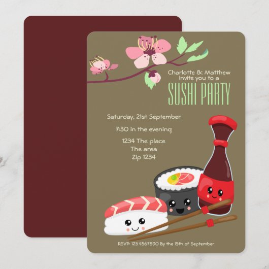 Sushi Party Kawaii Personalize Japanisch Themed Th Einladung (Vorne/Hinten)