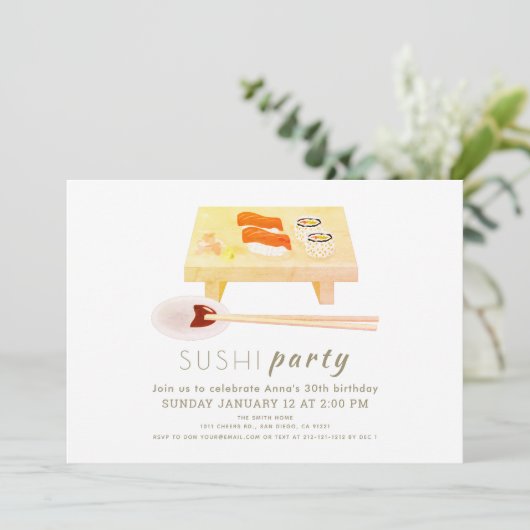 Sushi Party Modern White Birthday Einladung (Stehend Vorderseite)