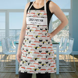 Sushi Restaurant Koch Sobo's Küche Custom Text Schürze<br><div class="desc">Spaß Schürze mit einem handgezeichneten Sushi-Muster und zwei Textzeilen. Fügen Sie den Namen einer Person, den Namen Ihres Sobo, den Namen des Restaurants, Cafés oder Shops oder löschen Sie den Text und das Rechteck und verwenden Sie einfach das Muster. Ideal für aufstrebende Koch, Geburtstagsfeiern, besondere Anlässe, Caterer, Gastgeber/Gastgeber Geschenke oder...</div>