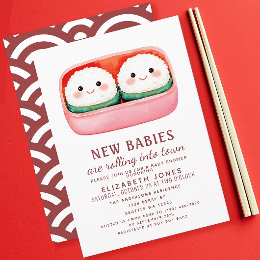 Sushi Rice Ball Kawaii Twins Baby Shower Einladung