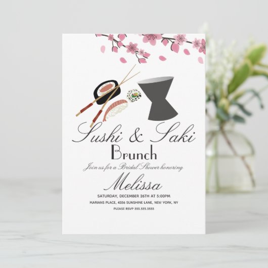 Sushi Roll Chopsticks Saki Tree Brautparty Einladung (Stehend Vorderseite)