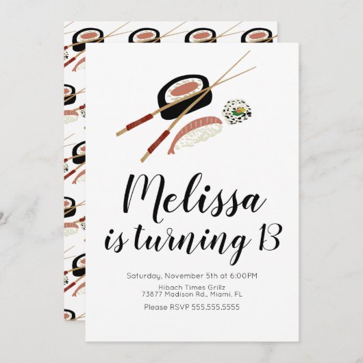 Sushi Roll Salmon Teen Birthday Hibachi Restaurant Einladung (Vorne/Hinten)