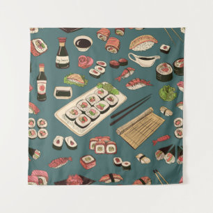 Sushi Rollen: Farbig Nahtlos Vintag. Wandteppich