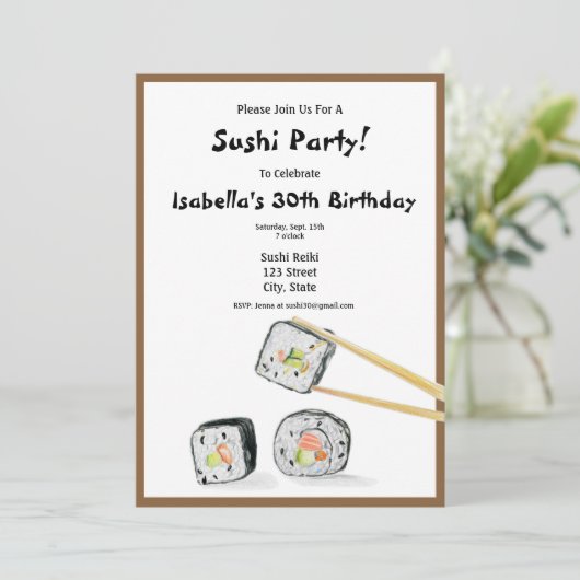 Sushi-Rollen mit Chopstick-Party Einladung (Stehend Vorderseite)