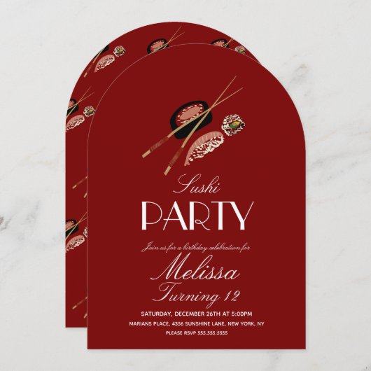 Sushi Rolls Chopsticks Japan Saki Birthday Party Einladung (Vorne/Hinten)