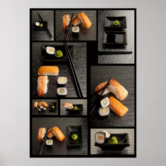 Sushi-Sammlung auf schwarzem Hintergrund Poster (Vorne)