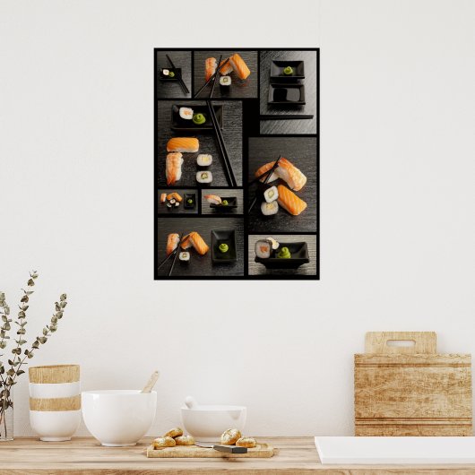 Sushi-Sammlung auf schwarzem Hintergrund Poster (Küche)