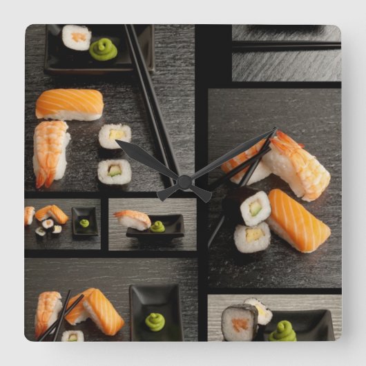 Sushi-Sammlung auf schwarzem Hintergrund Quadratische Wanduhr (Vorderseite)